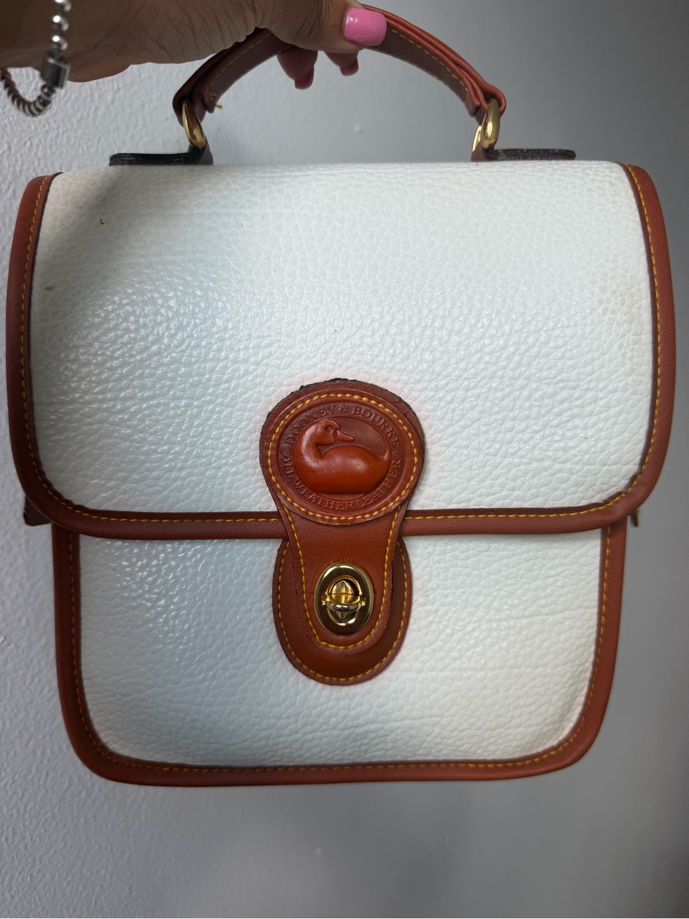 Dooney & Bourke White Pebble Leather Satchel with Brown Trim
